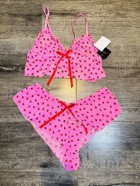 Just Sexy Lingerie Pink Heart Print Lace Bralette & Brief Set